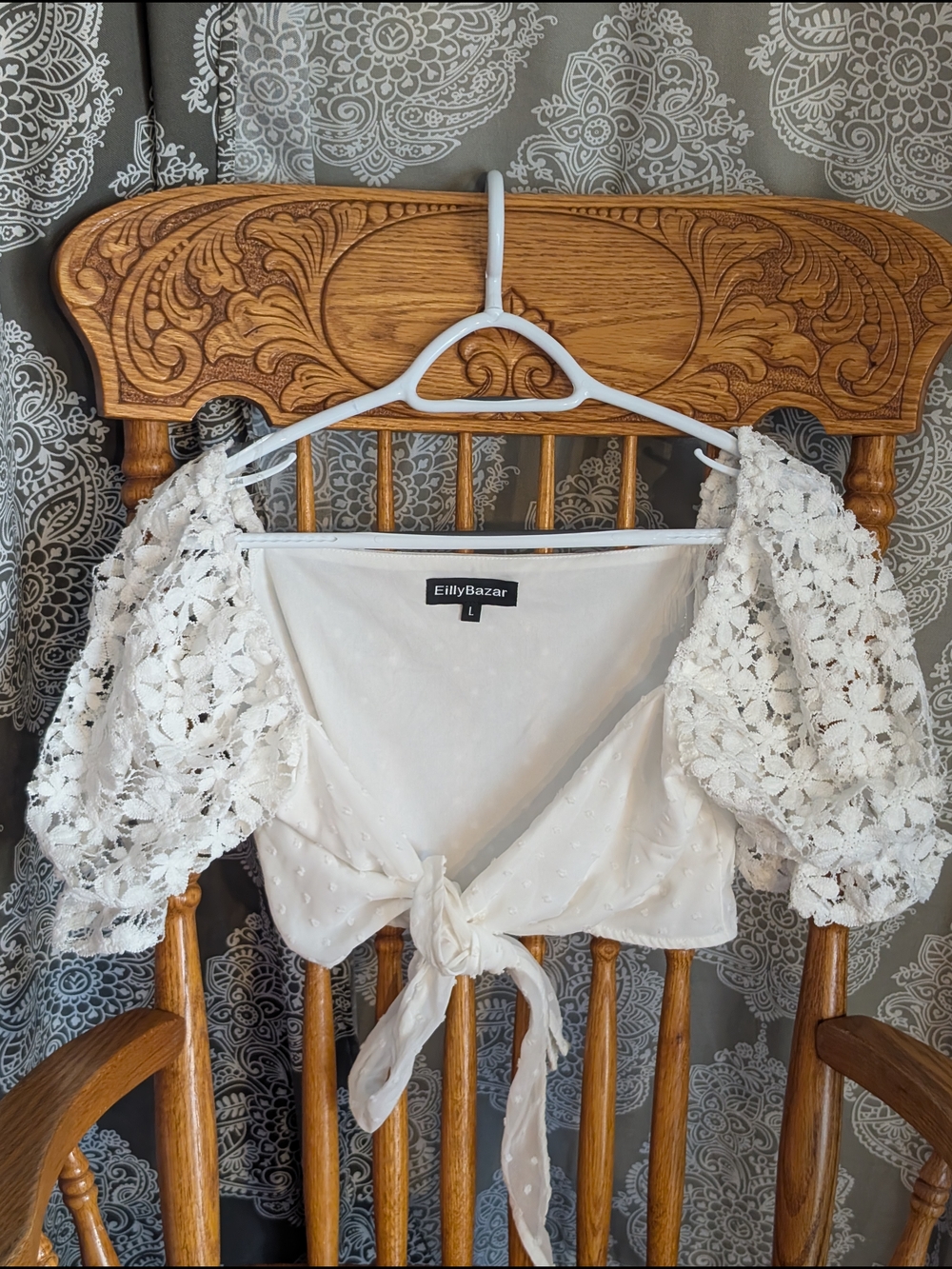 EllyBazar White Lace Puff-Sleeve Tie-Front Crop Top